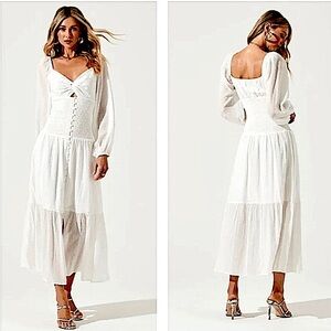 ASTR Drop Waist White Long Sleeve Swiss Dot Twist Bust Long Puffy Sleeve Dress